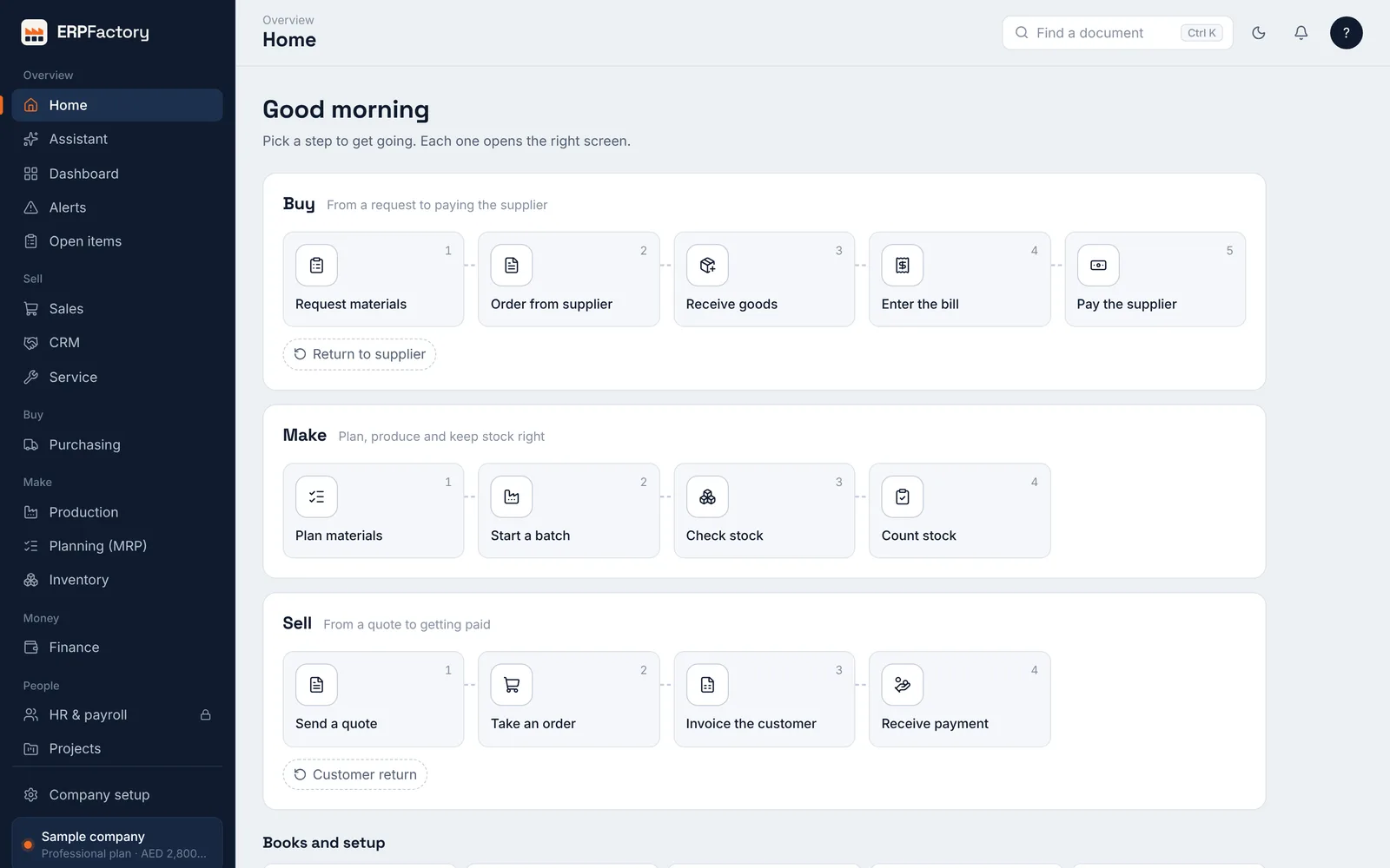 ERPFactory home screen with Buy, Make and Sell steps
